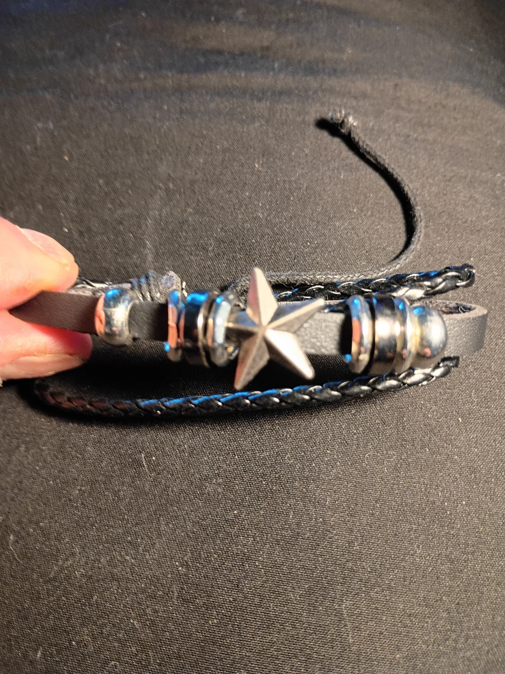 Black Leather Star Wrap Bracelet with Silver Accents